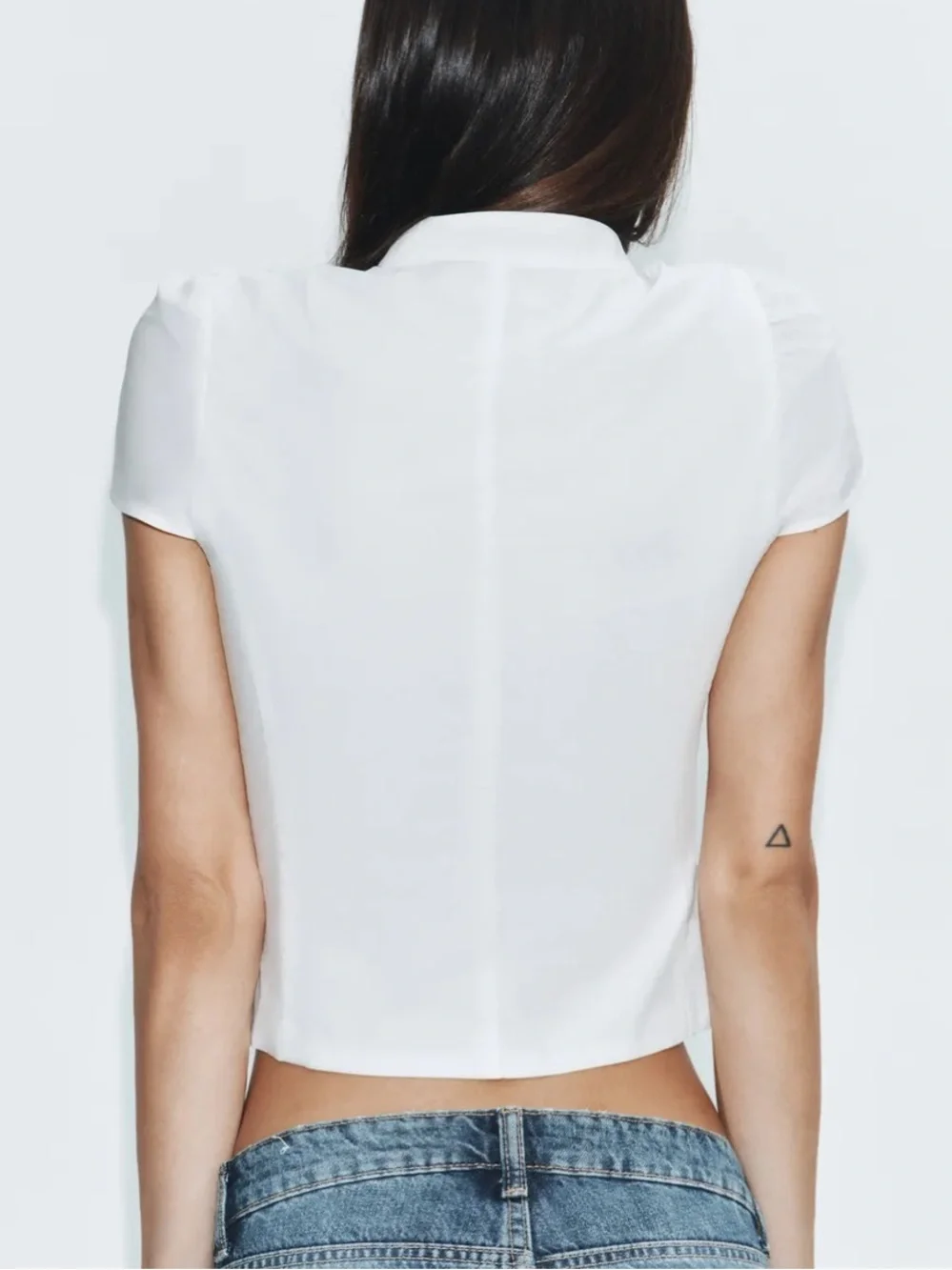 ZARA White Short Puff-Sleeve Tie-Front Blouse